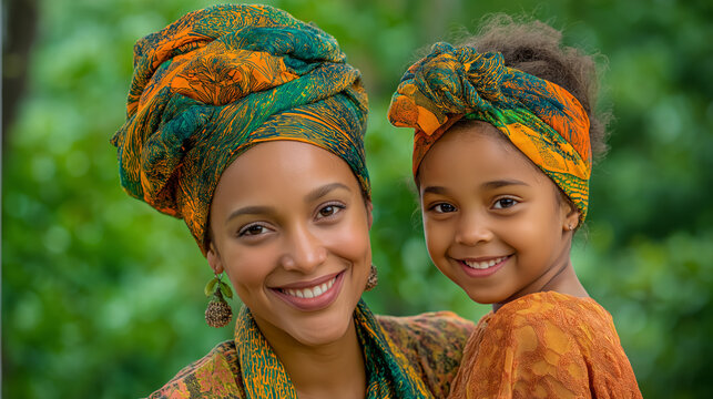 African mother and daughter wearing traditional head wraps, smiling outdoors with natural background