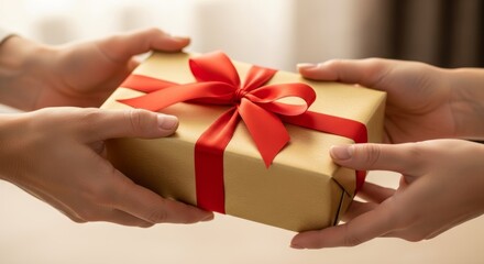 Two hands exchange a gold-wrapped gift tied with a bright red ribbon, symbolizing celebration and generosity.