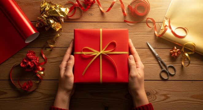 Person holding a red gift box with a gold ribbon on a wooden table, surrounded by wrapping materials.