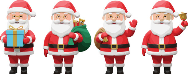 Santa Claus cartoon character set, Christmas festive poses with gifts, sack, bell, cheerful holiday illustration, merry seasonal celebration design icons