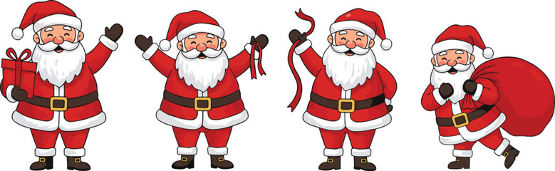 Santa Claus cartoon character set, Christmas festive poses with gifts, ribbons, sack, cheerful holiday illustration, merry seasonal celebration design