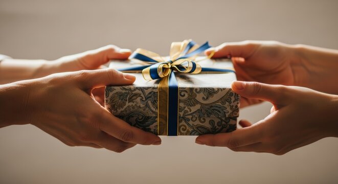 Two hands exchange a gift box with elegant wrapping and ribbon under warm light.
