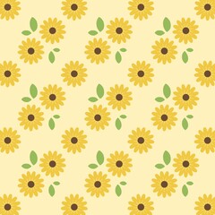 Bright seamless pattern featuring yellow sunflowers with green leaves on a soft yellow background. Cheerful floral design inspired by summer and nature
