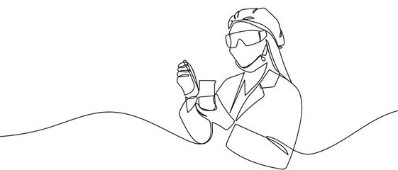 Scientists are conducting chemical experiments, one continuous line. Minimalist linear design. Editable stroke.