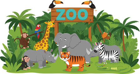 Naklejka premium Cartoon zoo animals in tropical jungle with wooden sign, elephants, giraffe, zebra, tiger, crocodile, monkeys, birds, cheerful illustration