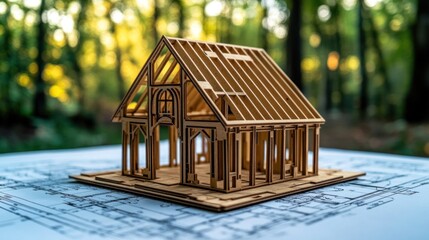 Wooden house model on architectural blueprints in a forest setting
