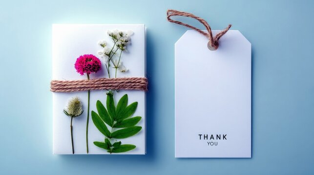 A white gift box adorned with fresh flowers and leaves, tied with twine, sits next to a blank gift tag that reads 'Thank You'.