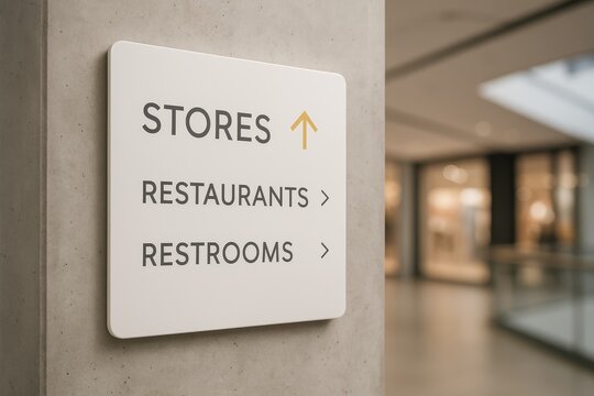 Mall directional sign with text stores restaurants restrooms on concrete wall, modern shopping center interior.