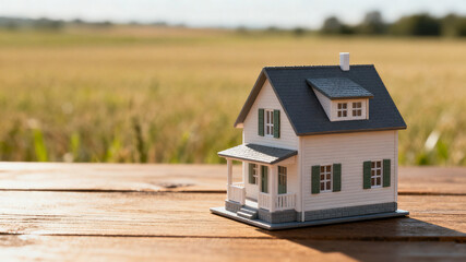 Dream house model on a wooden table in an open field, symbolizing simplicity and aspiration.