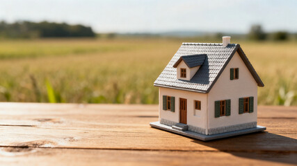 Dream house model on a wooden table in an open field, symbolizing simplicity and aspiration.