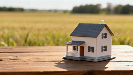 Dream house model on a wooden table in an open field, symbolizing simplicity and aspiration.