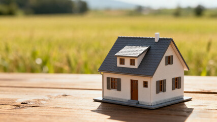 Dream house model on a wooden table in an open field, symbolizing simplicity and aspiration.