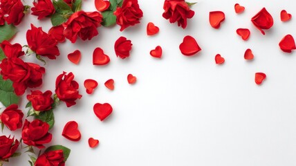 Romantic valentine’s day background with red roses, floating hearts, and soft white backdrop for love, celebration, gifts, and festive decoration