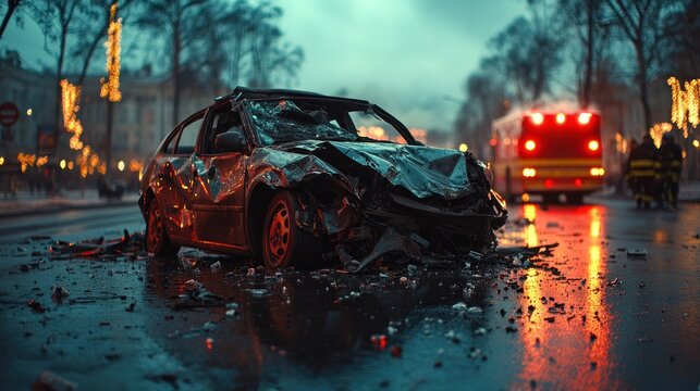 Wrecked car on city street, ambulance in background - Powered by Adobe
