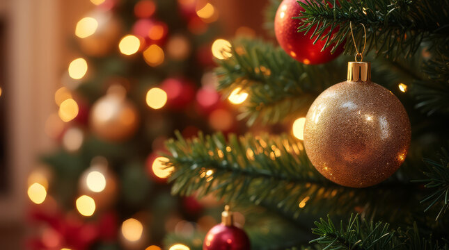 Christmas tree with golden and red baubles and warm bokeh lights