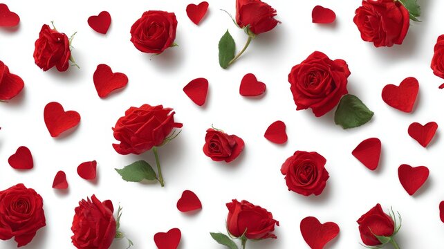 Romantic valentine’s day background with red roses, floating hearts, and soft white backdrop for love, celebration, gifts, and festive decoration - Powered by Adobe