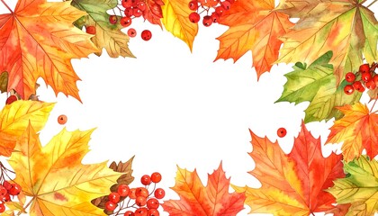 Autumnal Watercolor Frame with Vibrant Leaves and Berries.