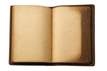 Fototapeta premium Open old leather-bound book with blank, textured parchment paper pages, providing space for text or design, on a transparent background