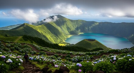 mountain landscape with lake and mountains