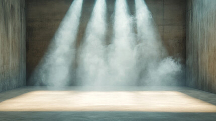 Empty stage with concrete floor and walls illuminated by three bright spotlights and atmospheric smoke creating dramatic mood