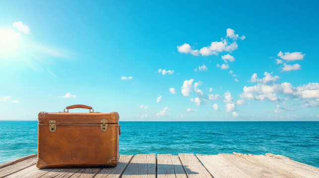 Vintage brown suitcase on wooden pier under bright blue sky with scattered clouds and shining sun over calm ocean water - Powered by Adobe