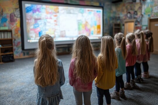 Modern Classroom with Students Learning on Interactive Whiteboard