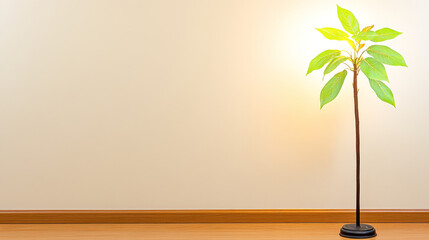 Young indoor tree with green leaves standing near beige wall and wooden floor with warm sunlight shining on it
