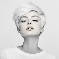 Short platinum blonde hair pale skin neutral makeup white top confident expression studio portrait beauty model minimalistic background female