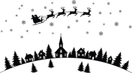 Santa Claus silhouette riding sleigh pulled by four reindeer, flying over snowy village with church steeple, pine trees, magical night