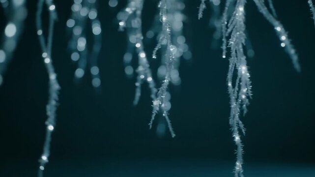 icicles hanging from roof edge with water droplets glistening in dim light