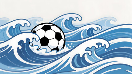 A black and white soccer ball is dramatically tossed on stylized, towering blue and white ocean waves, capturing motion and power in a graphic style