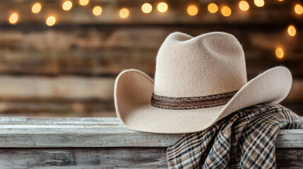 Handcrafted beige wool cowboy hat with brown band resting on plaid fabric on rustic wooden surface with warm bokeh lights in background