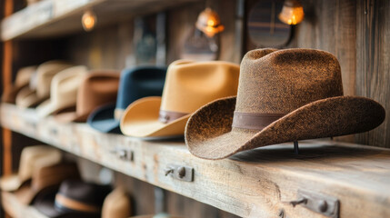 Collection of handcrafted cowboy hats in various colors displayed on rustic wooden shelf, evoking warm western charm