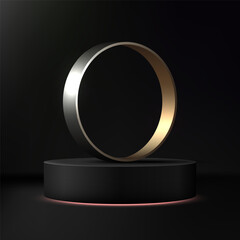 Luxury 3D Podium Display with Gold and Silver Metallic Ring on Black Pedestal for Premium Product Mockup, Exclusive Commercial Showcase