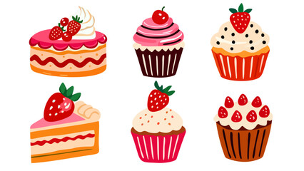 cute vector collection of hand-drawn strawberry cakes and cupcakes.