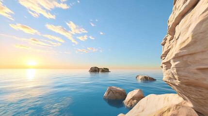 Serene ocean view at sunrise with calm blue water and rocky formations creating peaceful and natural coastal scene