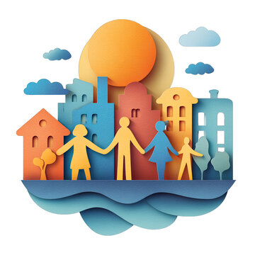 Colorful Paper Cut Illustration of Family in City Holding Hands