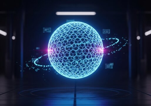 Futuristic glowing blue digital sphere with abstract data network and swirling particles in a dark, high-tech environment