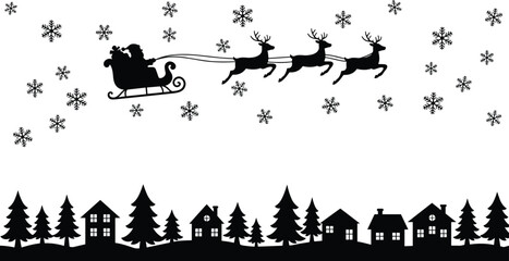 Santa Claus silhouette sleigh flying reindeer snowy night sky Christmas village houses pine trees festive winter holiday illustration seasonal magical scene