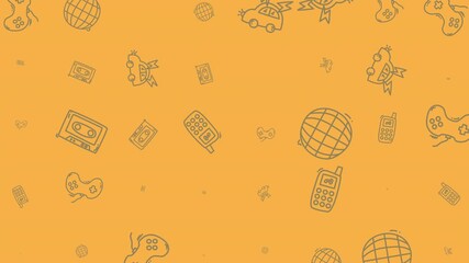 Hand-drawn doodle pattern of retro technology and entertainment icons on a yellow background. - Powered by Adobe