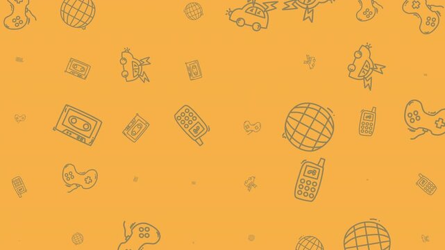 Hand-drawn doodle pattern of retro technology and entertainment icons on a yellow background.