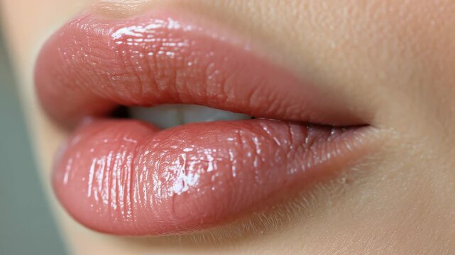 A woman's lips are pink and shiny. The lips are closed. The woman's mouth is open