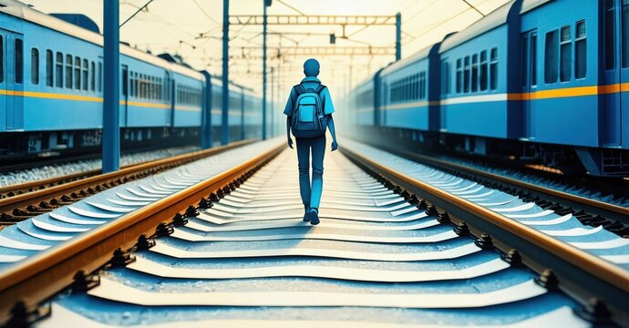 Person walks toward distant trains on railway tracks. Blue tones dominate scene, creating perspective. Journey, travel, solitude evident.