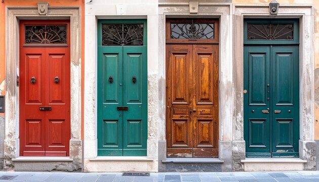 Four distinct front doors in gray, wood, blue, and green with transom windows and stone framing