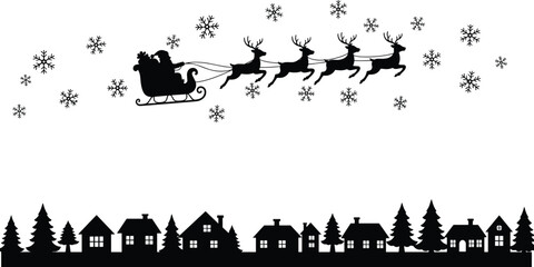 Santa Claus silhouette sleigh flying reindeer snowy night sky Christmas village pine trees festive winter holiday illustration seasonal magical celebration scene