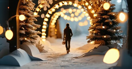 Fototapeta premium Winter scene depicts person walking toward bright light tunnel. Snow covers ground, trees frame path. Festive, cozy atmosphere.