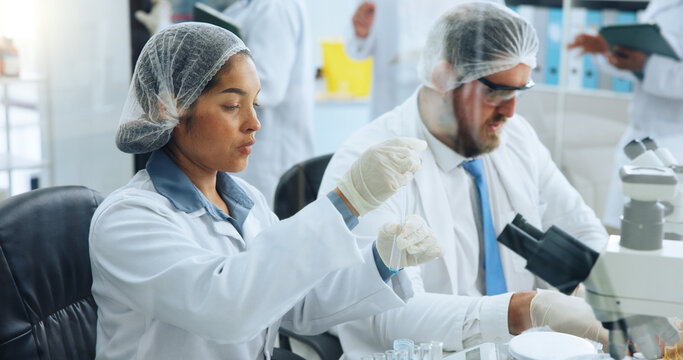 Woman, scientist and test tube with experiment at lab for medical research, chemical and ppe with gloves. Person, container and safety equipment for pharma study with vaccine development for virus