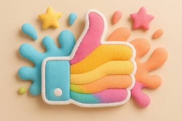 Thumbs Up Symbol: A vibrant, colorful thumbs up symbol, radiating positivity and approval, adorned with playful stars and abstract splashes that embodies the essence of like and support.