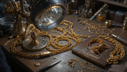 jewelry workbench with detailed gold chain under magnifying glass

