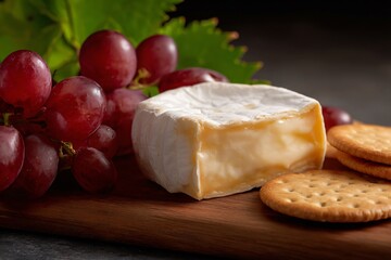 Delicious cheese board with brie grapes and crackers gourmet food display rustic kitchen close-up view
